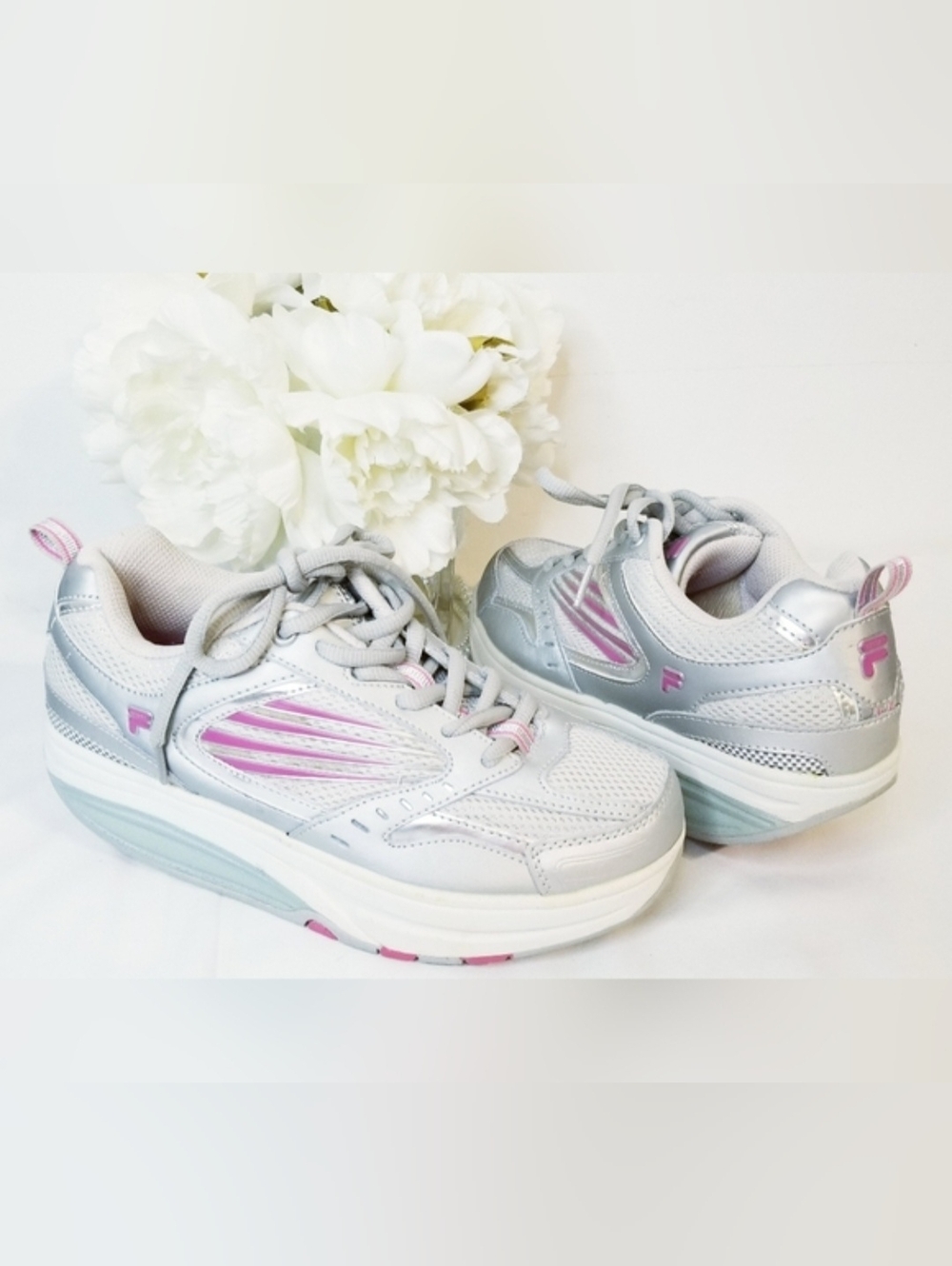 Fila Fit Walk N Sculpt Sneakers Silver/White/Pink Platform Walking Sneakers